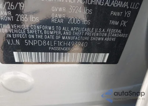 2019 Hyundai Elantra Sel z USA, uszkodzony, nr VIN 5NPD84LF1KH493940